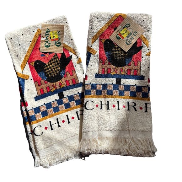 Vintage Kitchen Dish Towels Lot of 2 New NWT Primitive Bird Chirp Farmhouse T5 - Picture 1 of 6
